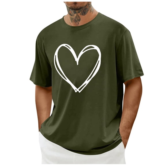 Men's Casual Valentine Tee Short Sleeve Round Neck Print Top Army Green XXL