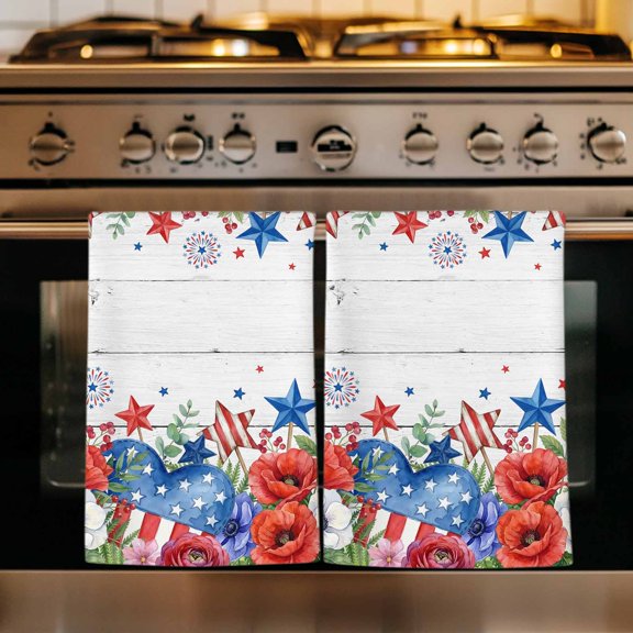4th of July Kitchen Towels Set of 4, Red Blue Independence Day Floral Star Vintage Absorbent Dish Towels for Kitchen, Microfiber Hand Towel, Quick Drying Tea Towel for Cleaning Decorative Dishcloths