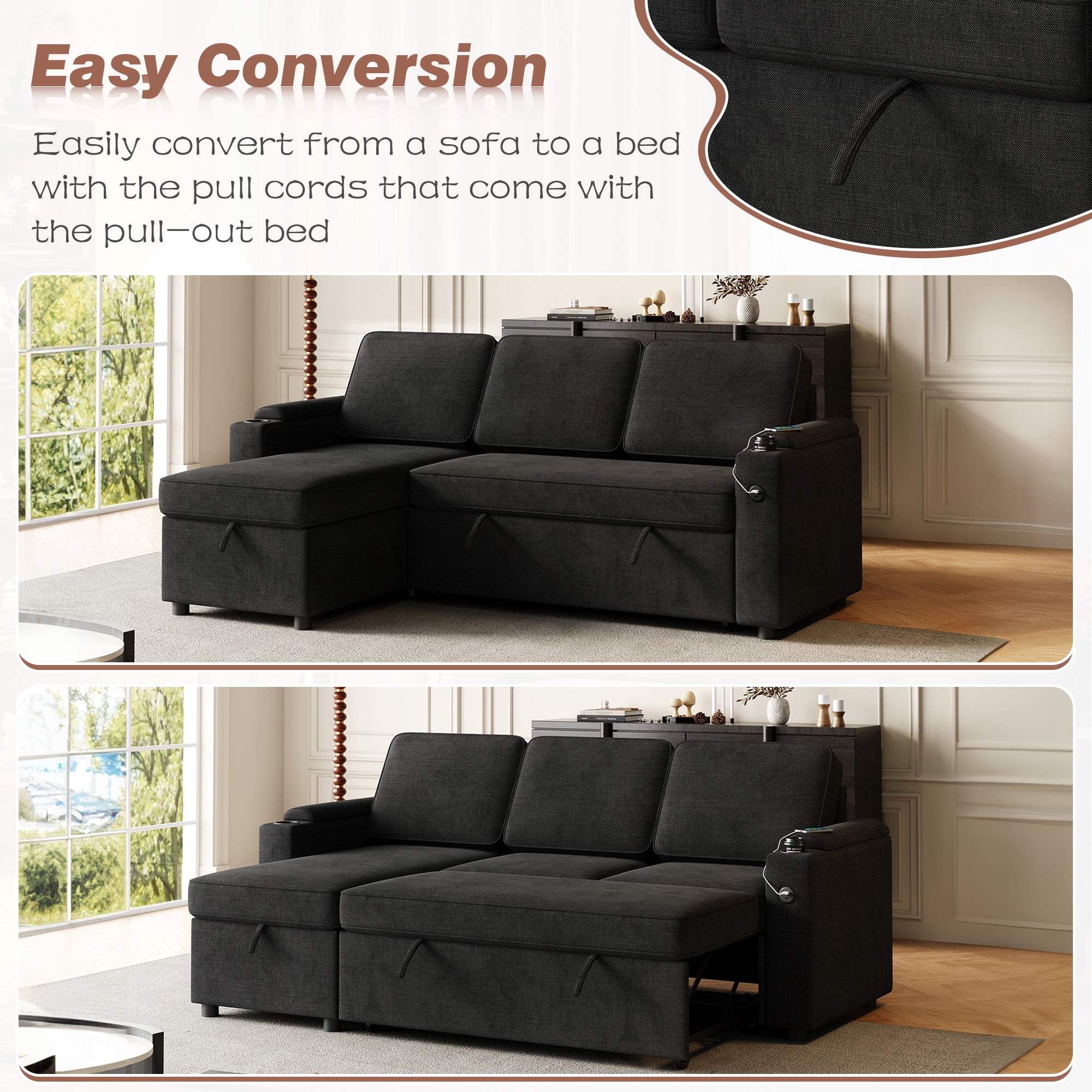 Dinosisco 3-in-1 Sectional Sleeper Sofa with Storage Chaise & Armrests, USB, Cup Holders, 85.8" Convertible L-Shaped Sofa Bed for Living Room, Apartment, Black Linen