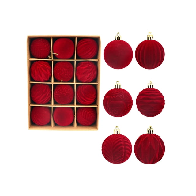 Christmas Tree Ornaments Set 12 Piece Flocked Ball Decorations 6 cm Red Suede Finish With Hanging Caps And Rope For Holiday Home Tree Decoration