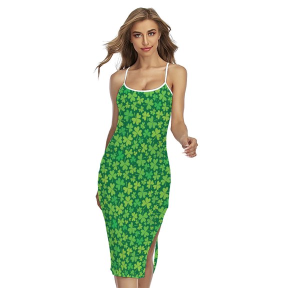 Shamrock Leaf St. Patrick'S Day Printed Cross Back Cami Dress, Irish St. Patrick'S Day Fashion Summer Maxi Sexy Casual Dress For Women