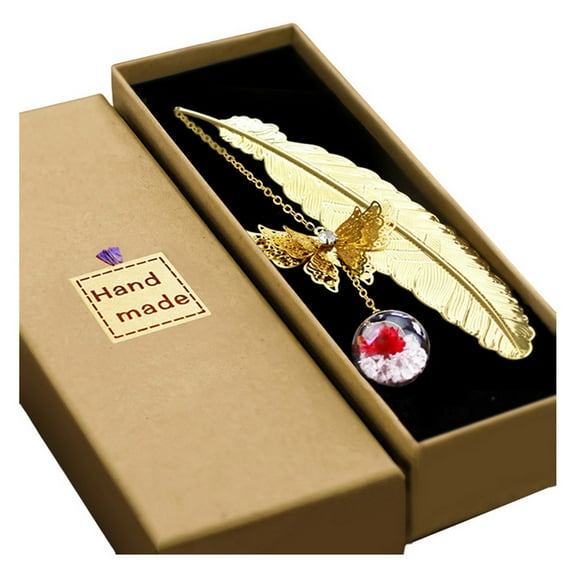 SamFansar Brass Vein Bookmark Vintage Metal Feather with Realistic 3d Pendant Dried Flower Glass Bead Charm Perfect Book Lovers Gift
