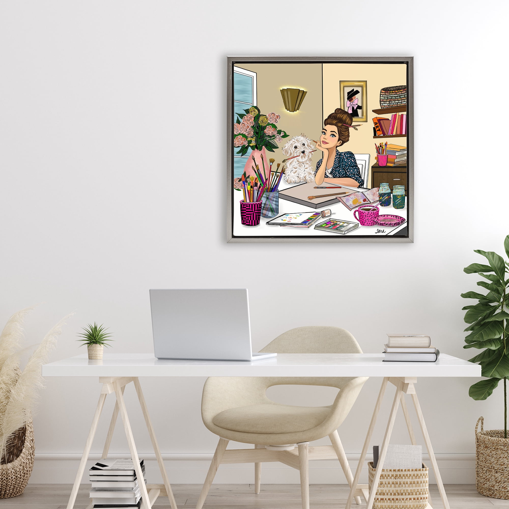 Stupell Industries Creative Art Girl at Desk Gray Framed Floater Canvas Wall Art, design by Tara Boone