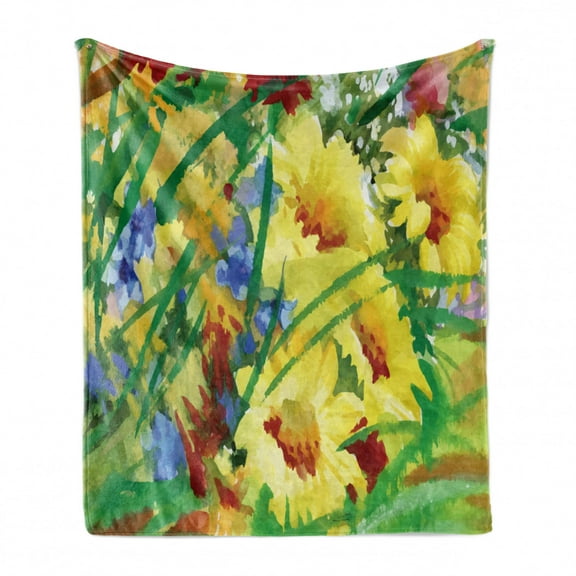 Fine Art Soft Flannel Fleece Throw Blanket, Watercolor Flower Field Summer Bouquet Vintage Brushstroke Spring Inspirations, Cozy Plush for Indoor and Outdoor Use, 50" x 60", Multicolor, by Ambesonne
