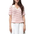 thumbnail image 3 of Womens Crochet Tops Summer Short Sleeve Striped Pullover Sweater Collared Knit Shirts Cover Up Top Pink S, 3 of 7