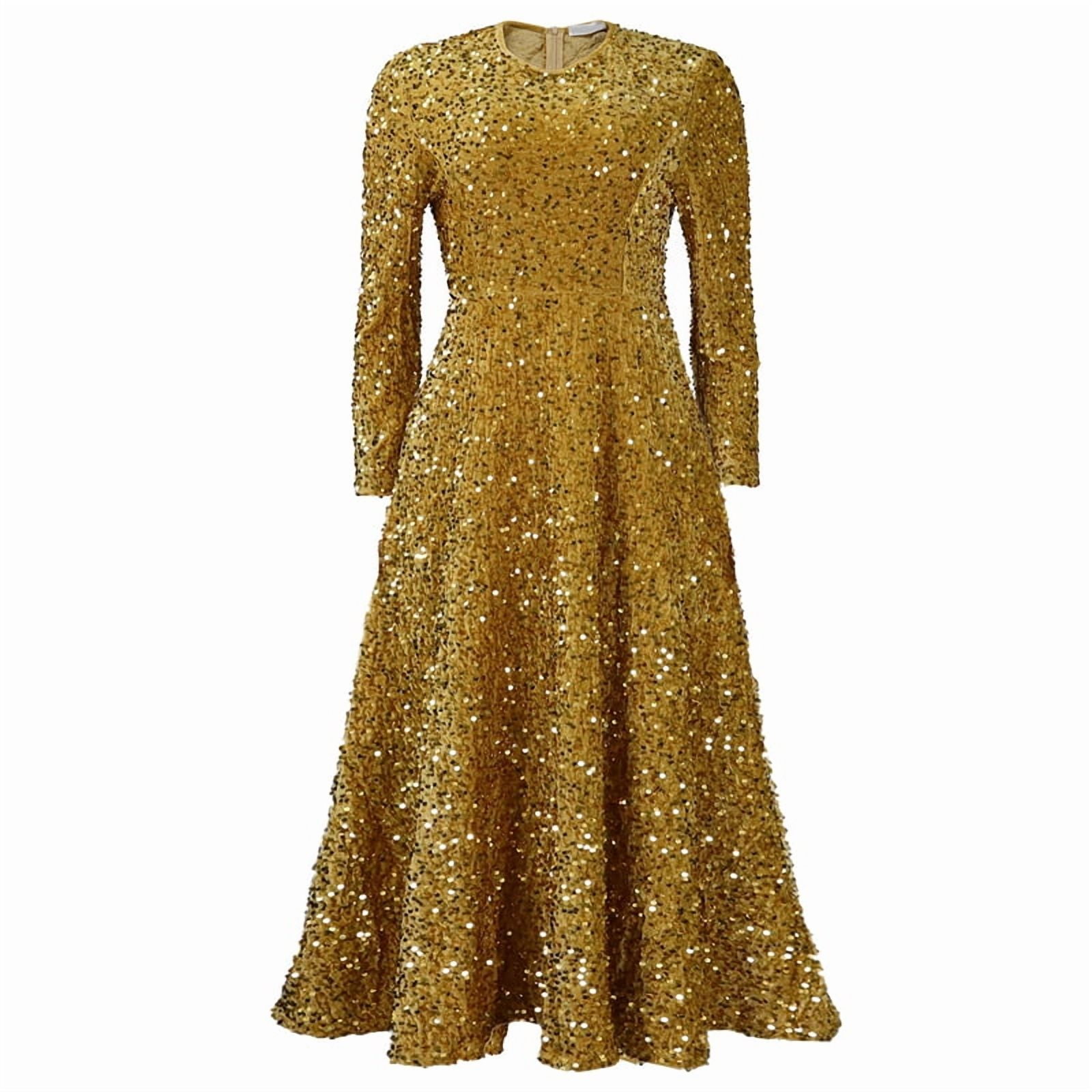 Women'S Sequin Dress Plus Size Long Sleeve A-Line Flared Party Cocktail Evening Shiny Maxi Dress Champagne L
