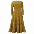 thumbnail image 3 of Women'S Sequin Dress Plus Size Long Sleeve A-Line Flared Party Cocktail Evening Shiny Maxi Dress Champagne XXL, 3 of 6