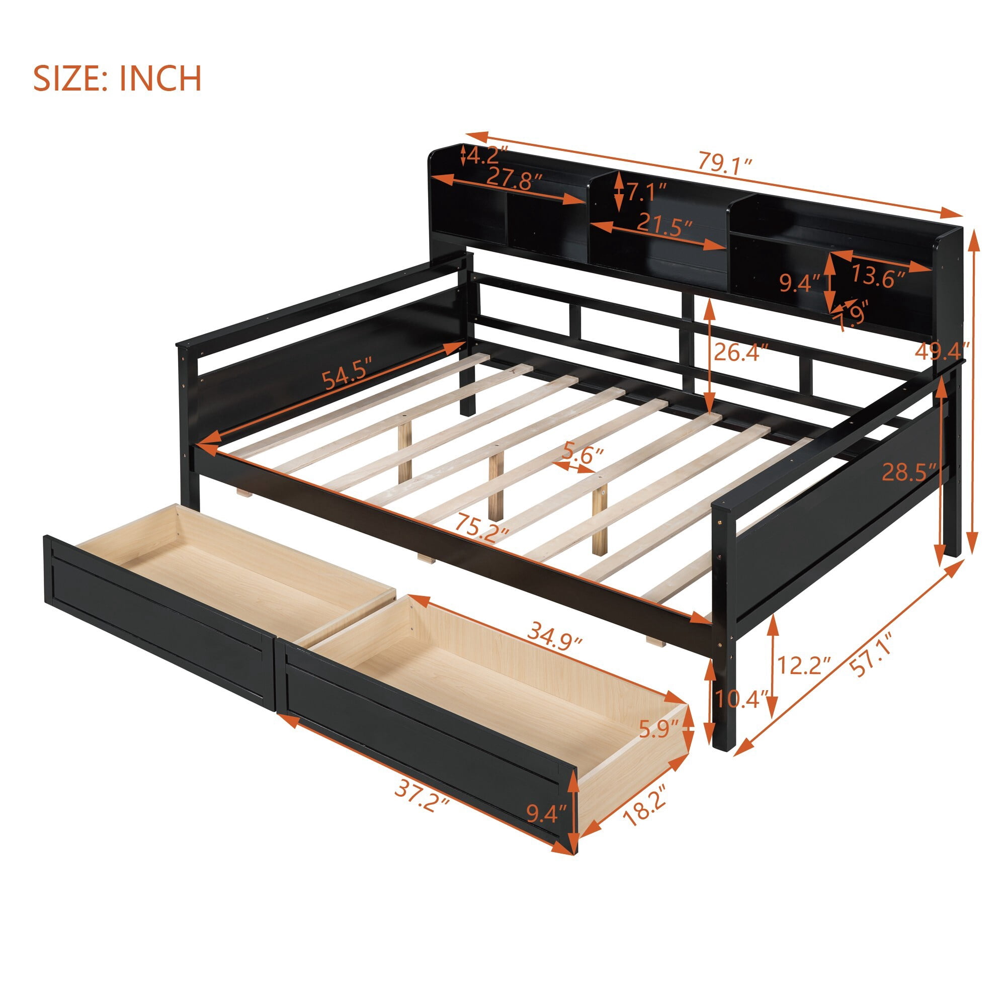 AENKYO Full Size Wooden Daybed Bed Frame with 2 Storage Drawers and Headboard Shelf, Solid Wood Sofa Bed, Black