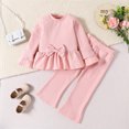 thumbnail image 2 of Odeerbi 2-5 Years Toddler Girls Cotton Outfits Ruffle Long Sleeve Tops Flared Pants Two-piece Set Bow Solid Color Casual Loungewear Toddler Girls Clothes, 2 of 9