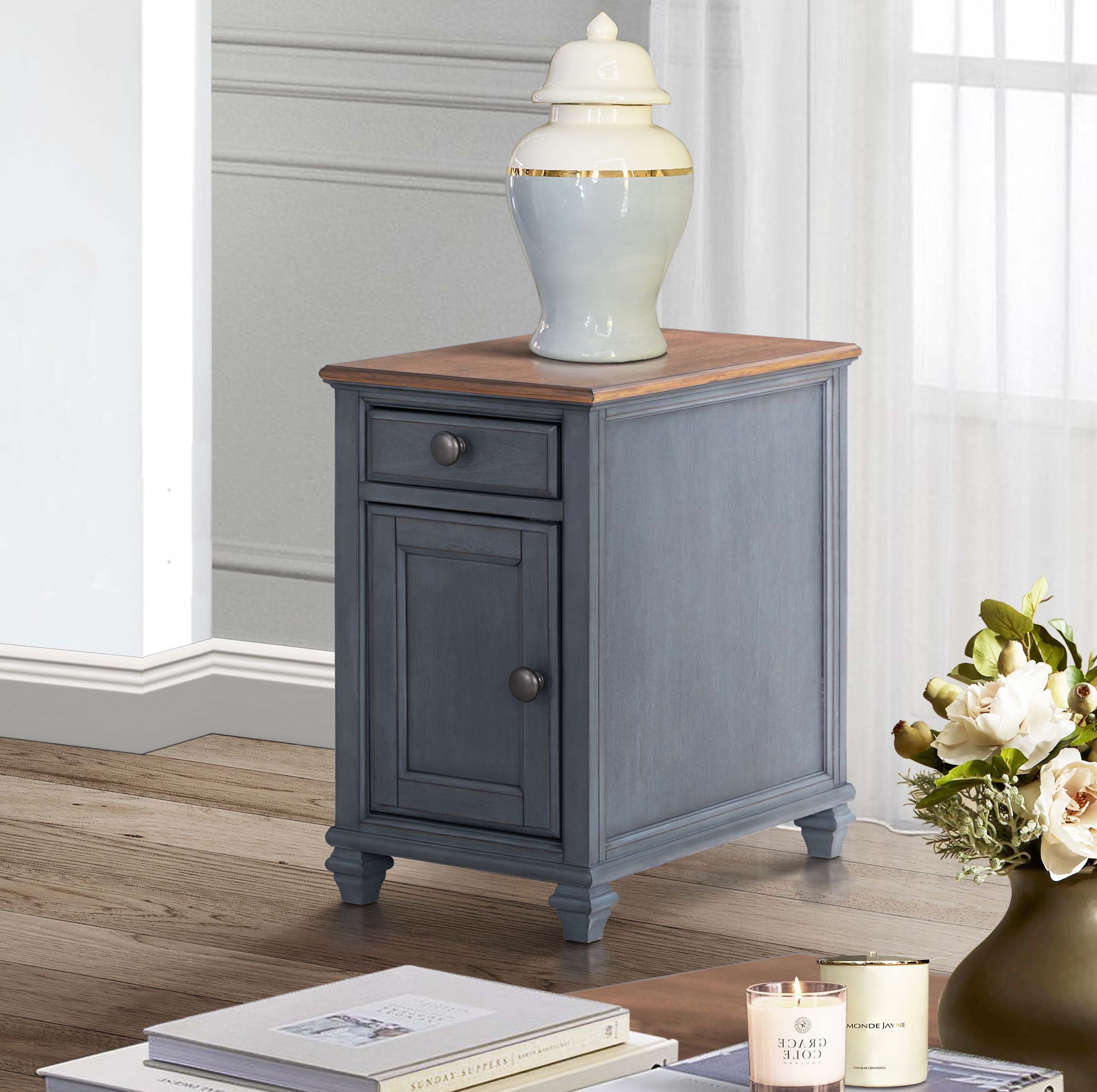 14" Fully Assembled Farmhouse Chair Side Table with Drawer & Door, Narrow Coastal End Table with Storage