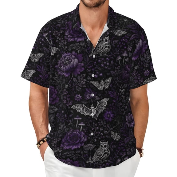 Gothic Halloween Bat Owl Men's Shirts Short-Sleeved with All-Over Prints Button-Up Shirts