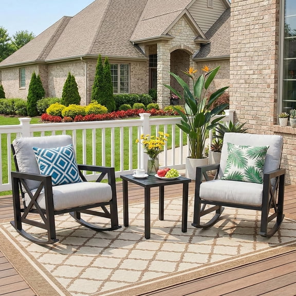 NATURAL EXPRESSIONS Outdoor Patio Rocking Furniture Set, 3 Pieces Bistro Set with Metal Coffee Table and Thickened Cushions, Light Gray