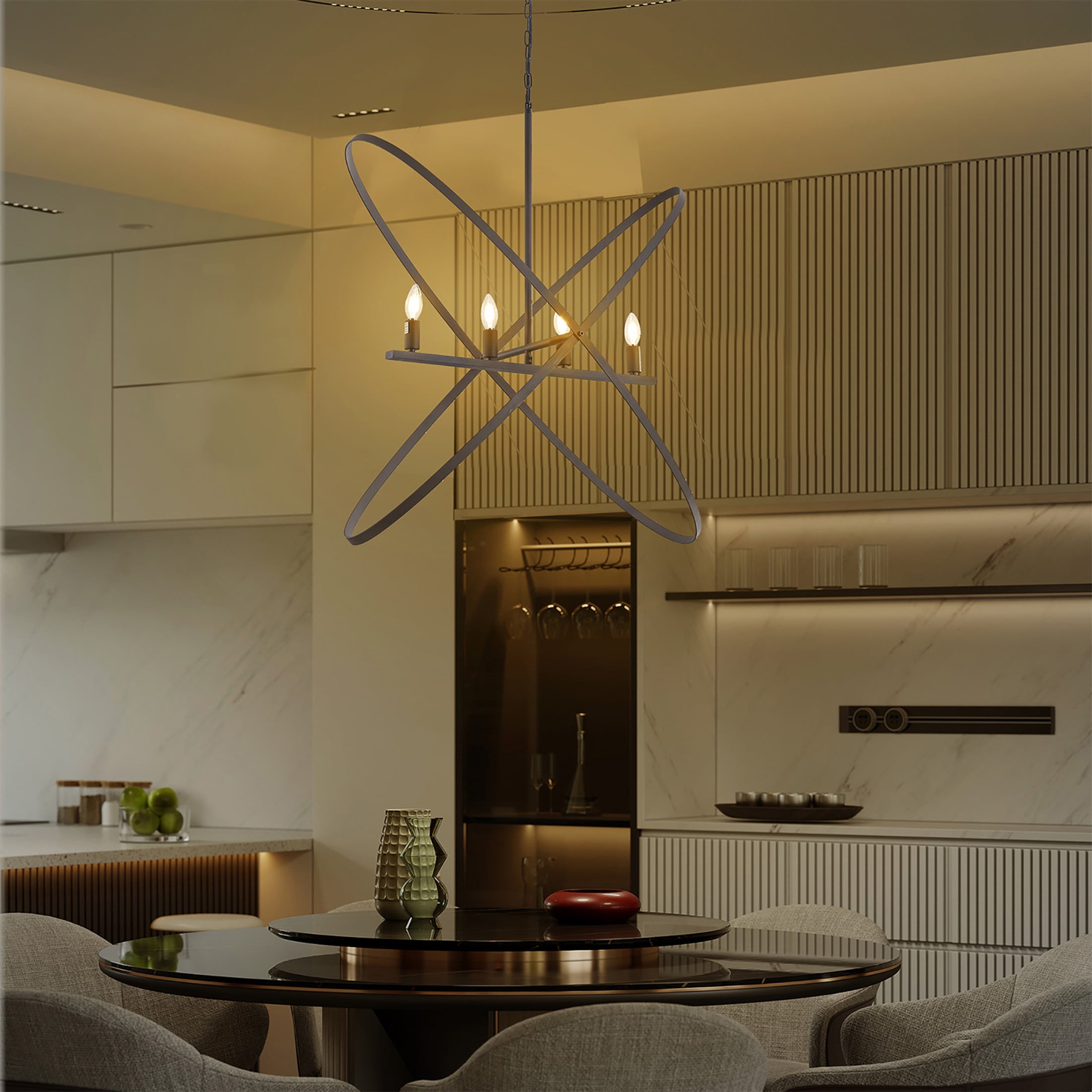 Noble House 29" Atom Pendant Light, E12 4-Light Orb with Brass Metal Bands, Modern LED Hanging Fixture, Matte Black