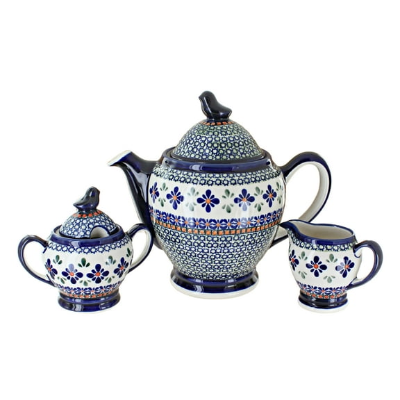 Blue Rose Polish Pottery Mosaic Flower 3 PC Coffee Pot Set with Bird Topper