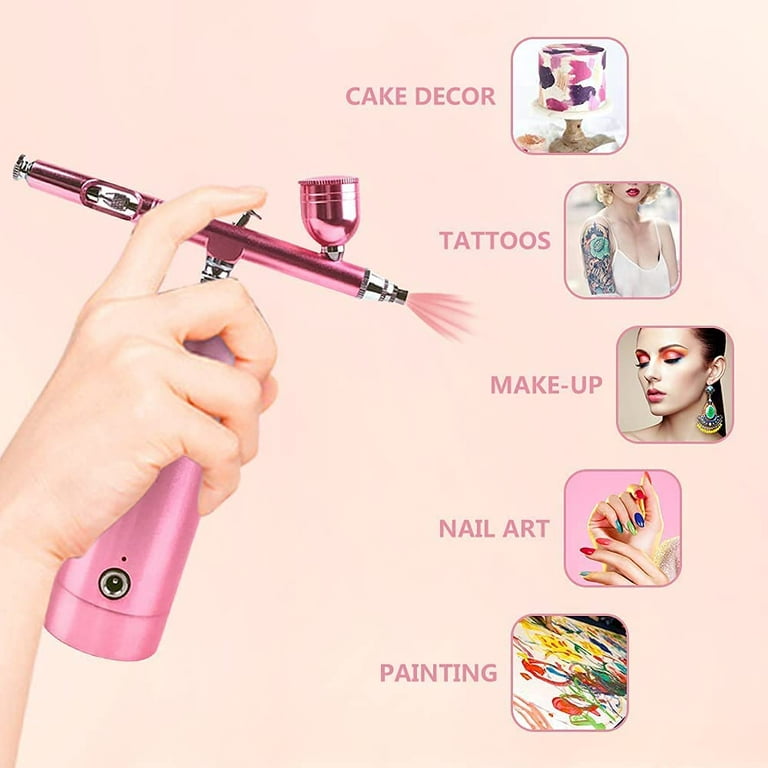 Autolock Cordless Airbrush,Mini Air Compressor Spray Gun Airbrush Kit with Cleaning Tools for Paint Cake Barber Art Tattoo and Nail Design (Pink)