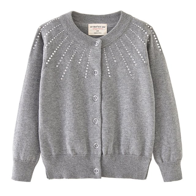 Girls' Rhinestone Knit Cardigan Round Neck Cotton Sweater Jacket