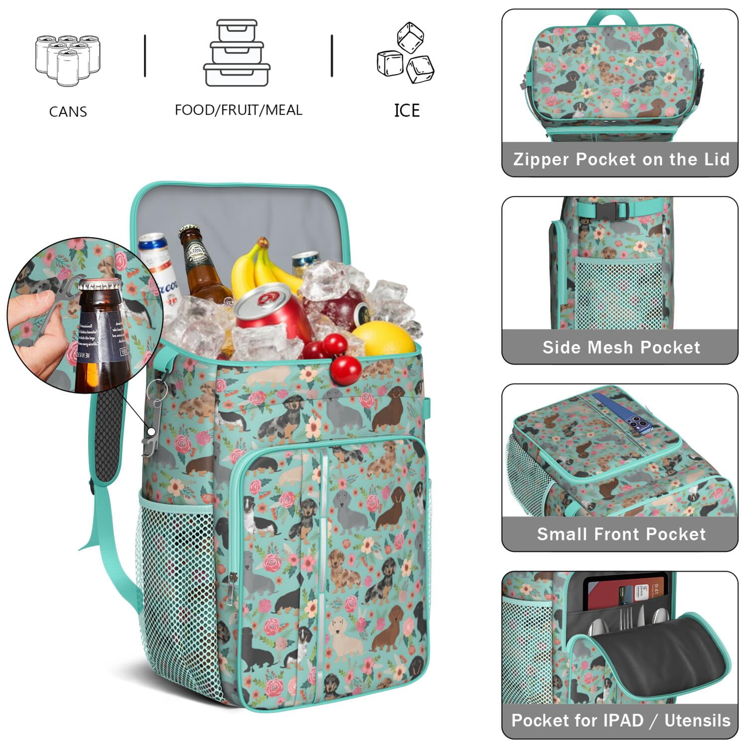 Travel Cooler Bag - Dachshund and Flower Camping Beer Cooler Backpack with Bottle Opener- Waterproof Insulated Picnic Backpacks - Cooler Bag for Beach