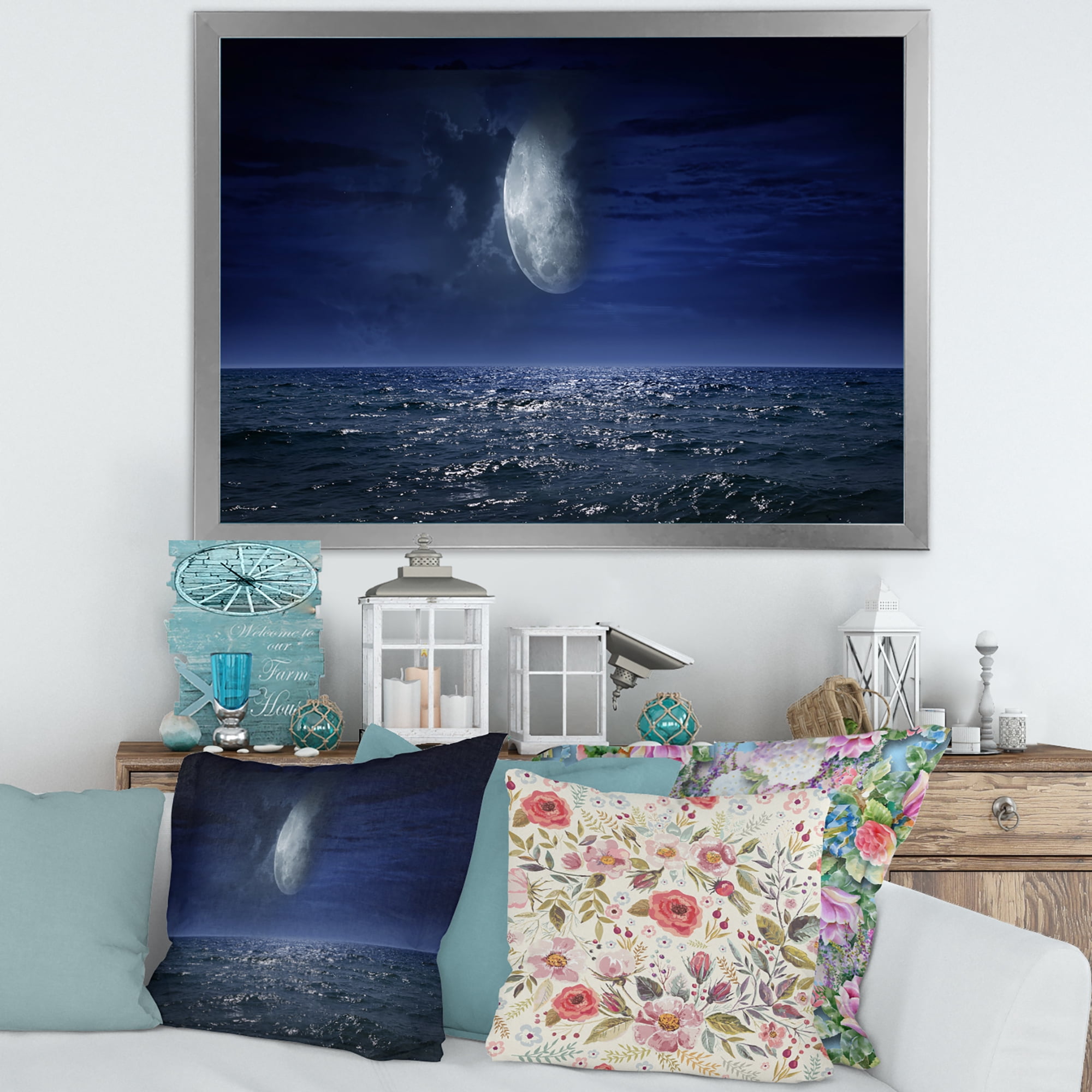Designart 'Full Moon Night Over Dark Ocean' Nautical & Coastal Framed Art Print