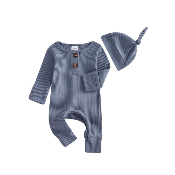 Gupgi Newborn Boy Ribbed Romper with Knotted Hat, Fall One Piece Bodysuit Baby Solid Long Sleeve Full Length Jumpsuit