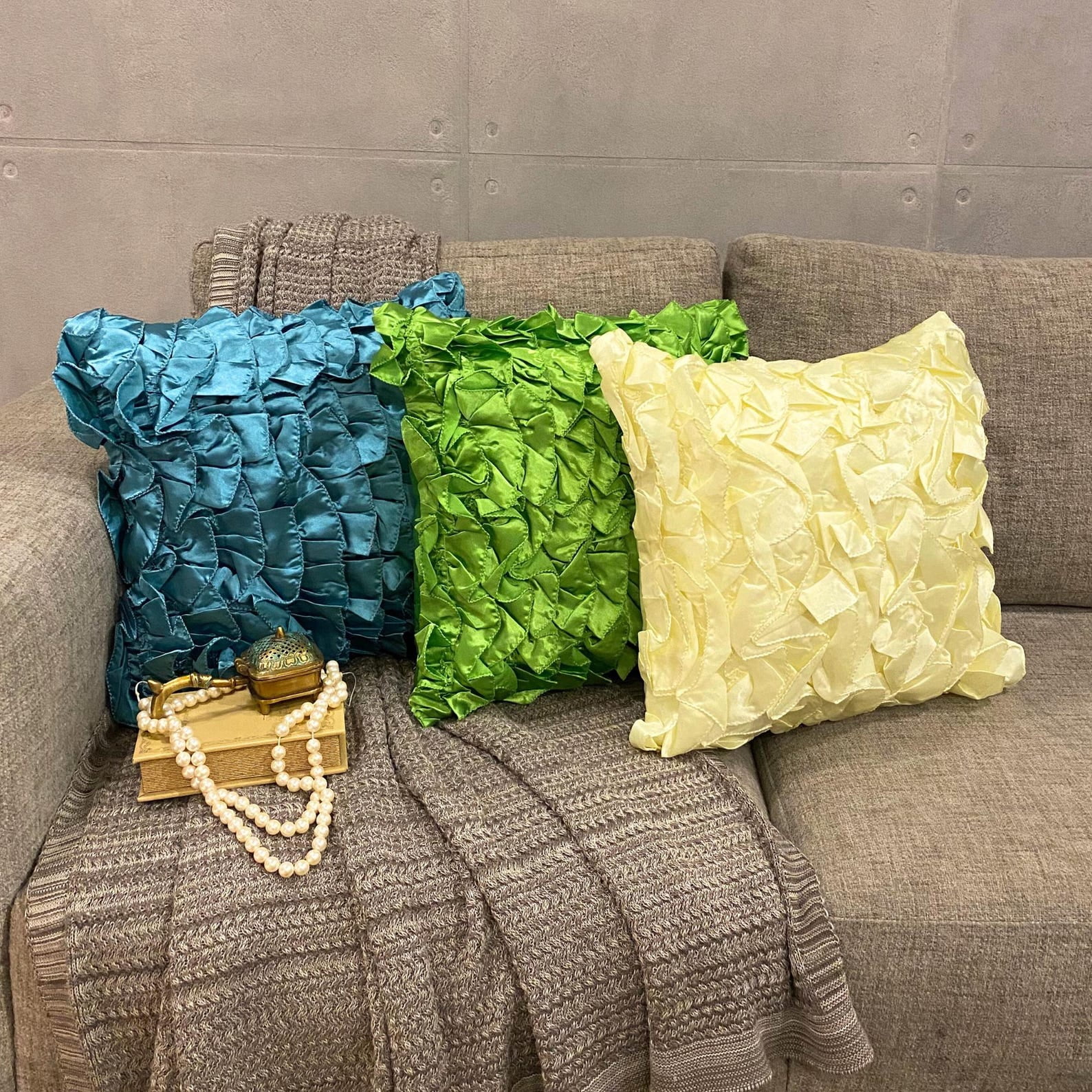 The HomeCentric Pillow Covers Blue Throw Pillows Cover Vintage Ruffles Shabby Chic Pillowcases Pack of 2 14x14 inch (35x35 cm) Pillow Covers Square Satin Pillows Covers Couch Solid-Vintage Blues