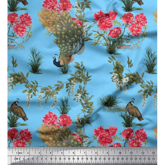 Soimoi Cotton Poplin Fabric Leaves,Floral & Peacock Bird Print Sewing Fabric Yard 56 Inch Wide