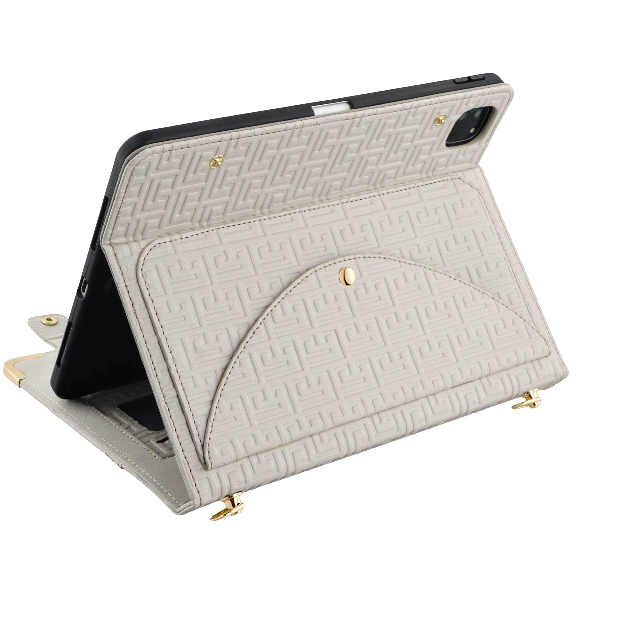 for iPad Air 11 2024/Pro 11 2022 2021 2020 2018/Air 4/Air 5, Protective Folio Case with Card Slots & Zipper Pocket & Pencil Holder, Stand Wallet PU Leather Portable Crossbody Strap Cover, Beige