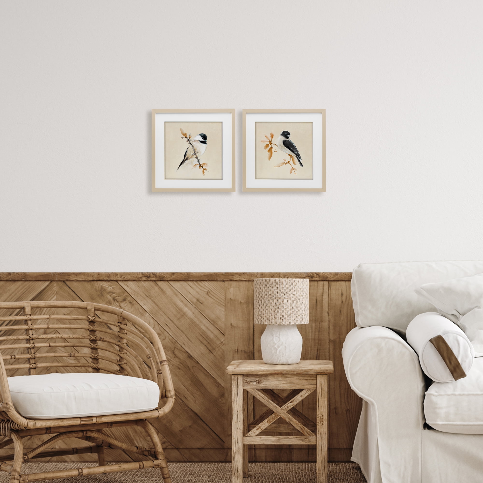Stupell Industries Muted Chickadees on Beige 2 Piece Birch Framed Print Under Glass Set, design by Diannart