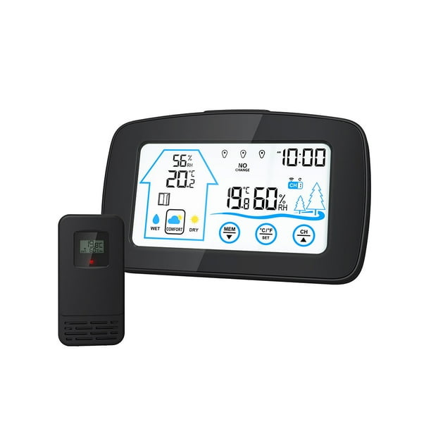 Inteprter Estación meteorológica con sensor exterior Termómetro digital Higrómetro para retroiluminación interior y exterior Hora actual Negro Decoración del hogar Inteprter HA021468-00