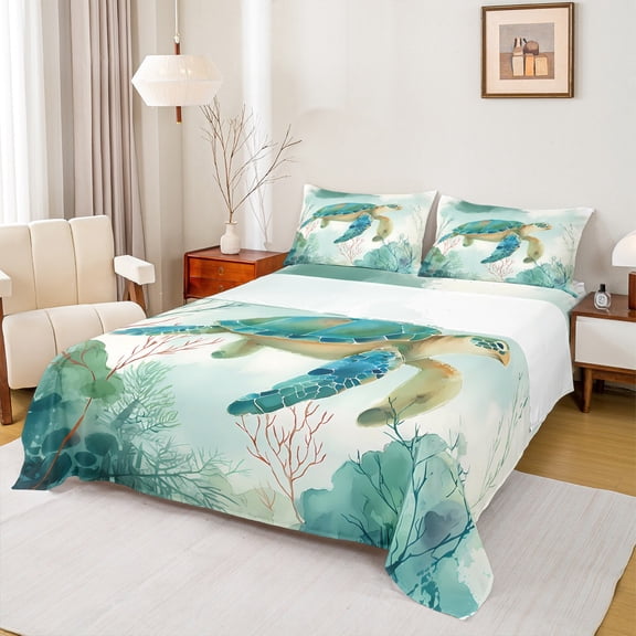 Homewish Turquoise Sea Turtle Twin Sheet Sets, Watercolor Ink Coral Twin Fitted Sheet, Teens Kids Boys Girls Flat Sheet, Breathable Home Decor, 3 Pieces