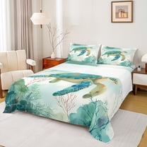 Homewish Turquoise Sea Turtle Twin Sheet Sets, Watercolor Ink Coral Twin Fitted Sheet, Teens Kids Boys Girls Flat Sheet, Breathable Home Decor, 3 Pieces