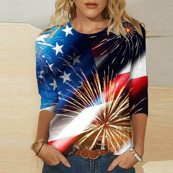 Teissuly Women's Fashion Printed T-shirt Mid-length 3/4 Sleeves Blouse Round Neck Casual Tops