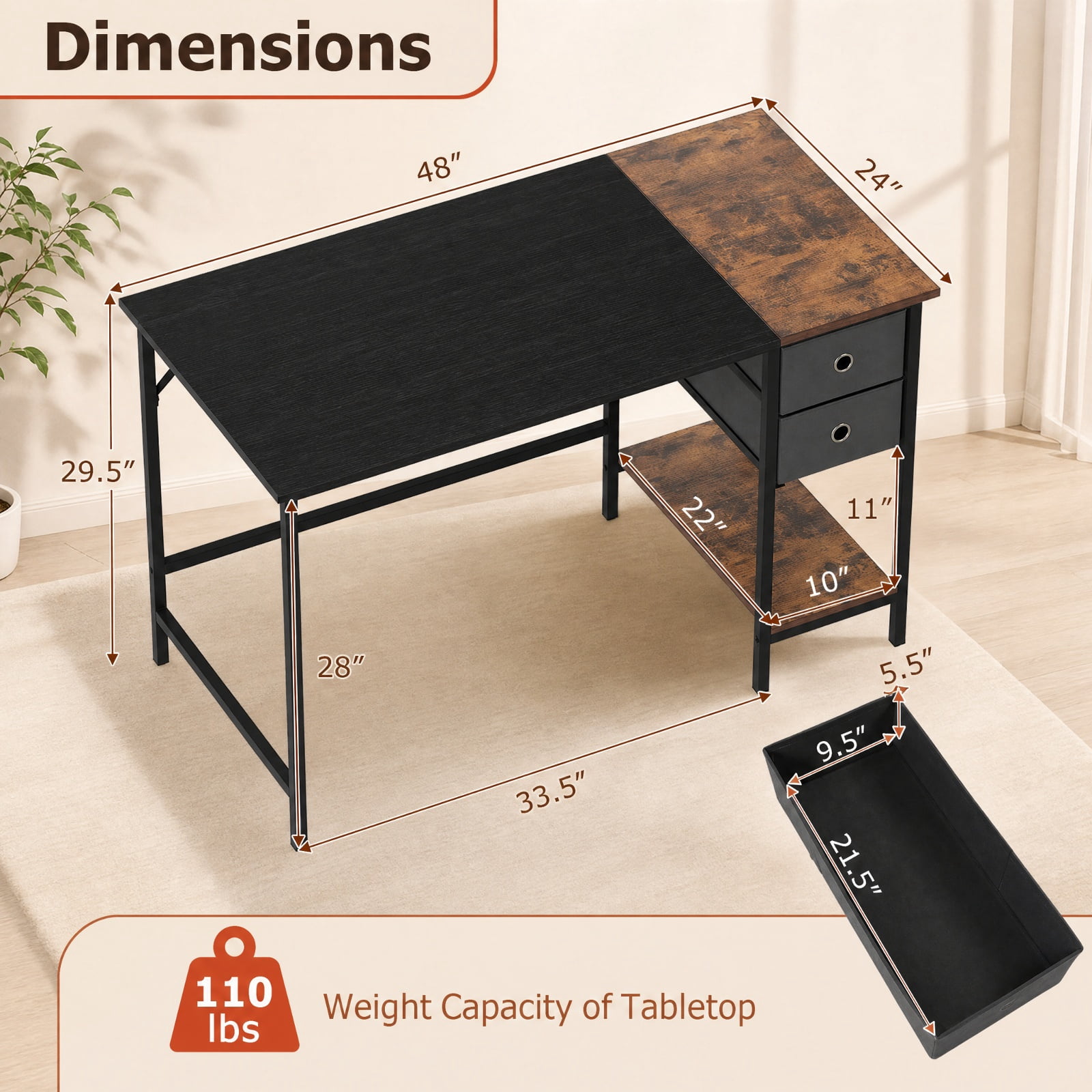 Furnibear 48 Inch Computer Desk with 2 Fabric Drawers Industrial Home Office Desk for Home Office Study Computer Writing Workstation, Black