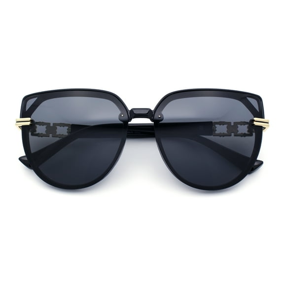 Womens Rich 90s Designer Rimless Large Round Butterfly Plastic Fashion Sunglasses All Black