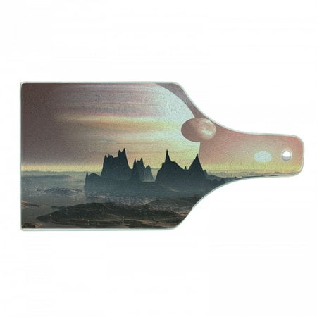 

Fantasy Cutting Board Twin Moons over Planet Europa Apocalypse Armageddon Deserted Landscape Tempered Glass Cutting and Serving Board Wine Bottle Shape Blush Yellow Dark Brown by Ambesonne