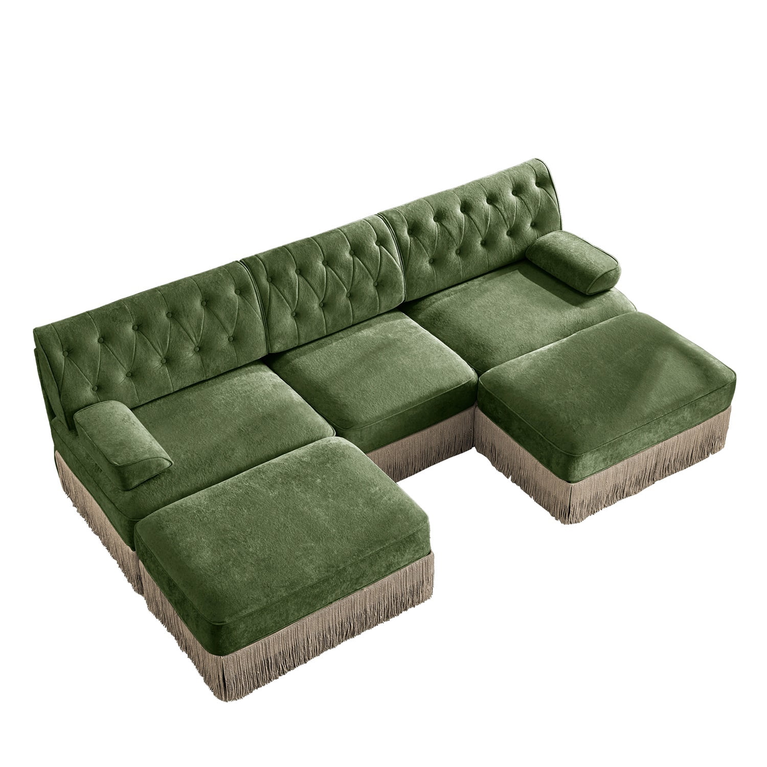 Hommoo 3-Seater Chesterfield Style Velvet Fabric U-Shaped Sectional Sofa with 2 Ottomans, Tufted Button Upholstered Design and Floor-grazing Tassel, Free Combination Sofa Couch Set, for Home, Green