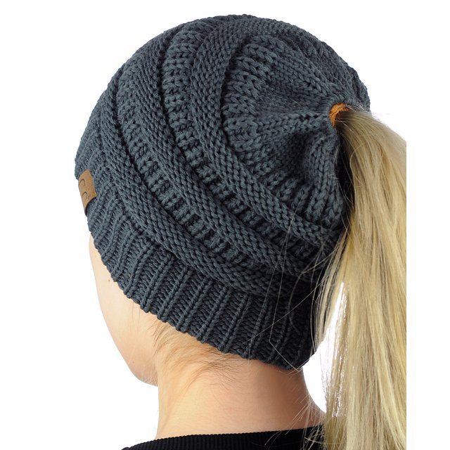 C.C Bonnet Doux Extensible en Tricot Torsadé, Bonnet Queue de Cheval, Gris Mélangé