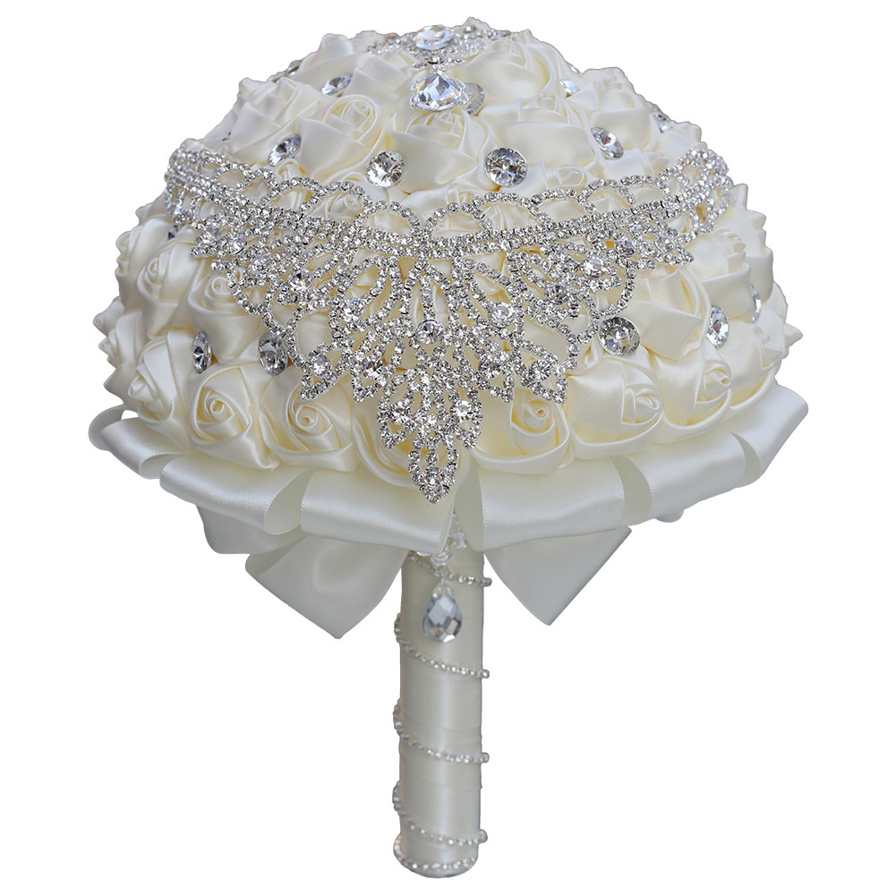 Namzi 1 Piece Vintage Wedding Bouquet, Satin Ribbon Rhinestone Bridal Bouquet, Ideal for Vintage Theme Evening Wedding Celebrations,Beige