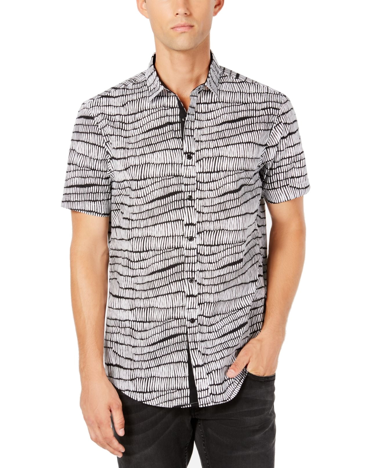 INC Mens Striped Print Short Sleeve Button Up Shirt XL