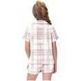 thumbnail image 4 of Odeerbi 2-12 Años Niños Niñas Pijama de Verano de Satén Con Solapa de Muesca Camisas de Manga Corta Pantalones Cortos Conjunto Suave Estampado Retro de Cuadros Ropa de Dormir, 4 of 6