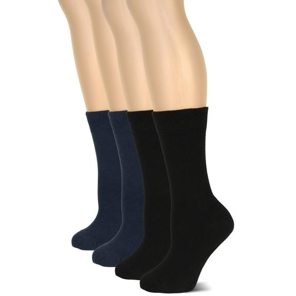 HUGH UGOLI Women's Cotton Crew Socks | Plain Color, Regular Fit, Soft Casual Socks for Trouser, 4 Pairs, Black/Navy Blue, Shoe Size: 6-9
