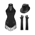 thumbnail image 2 of Xnihocha Women Sequins Tassel Latin Dance Dress Fringed Leotard+Gloves+Hat Tango Jazz Dance Outfit Black XL, 2 of 7