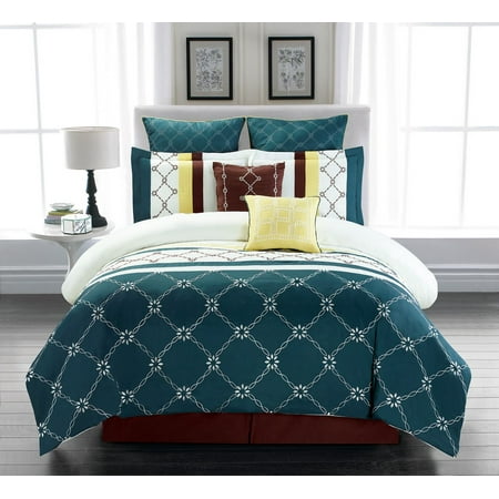 8 Piece Comforter - 8 Piece Boyle Teal/Ivory Comforter Set King