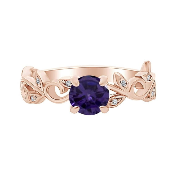 AFFY Round Simulated Alexandrite 14k Rose Gold Over Sterling Silver Leaf Filigree Engagement Ring