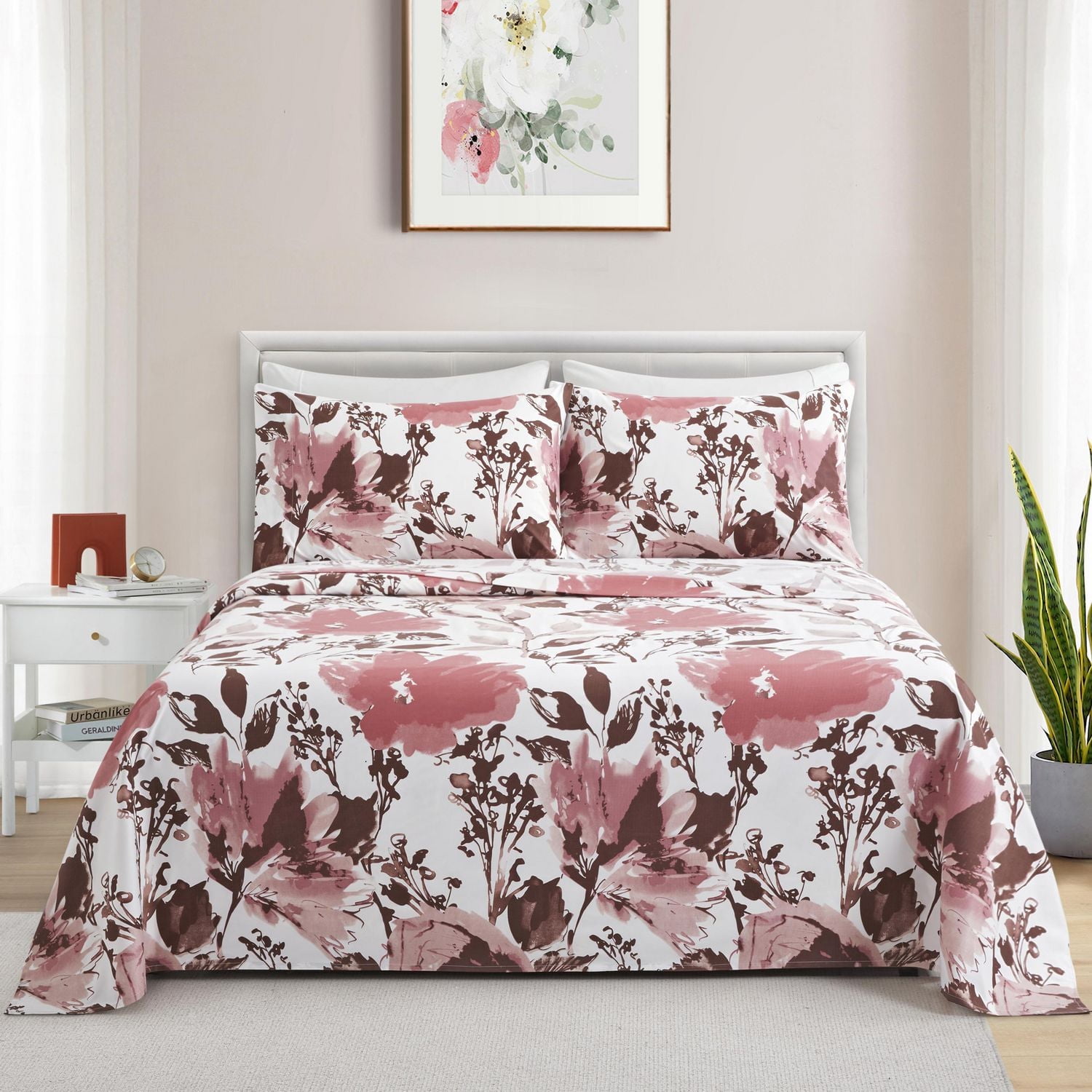 Ensemble de literie Marina Décoration ultra douce et soyeuse, imprimée, en rayonne de bambou, toutes saisons, avec taies d'oreiller, motif floral rose et rouge