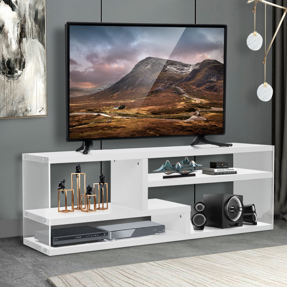 51 White Wood TV Stand with Acrylic for TVs Up To 55 Palestine