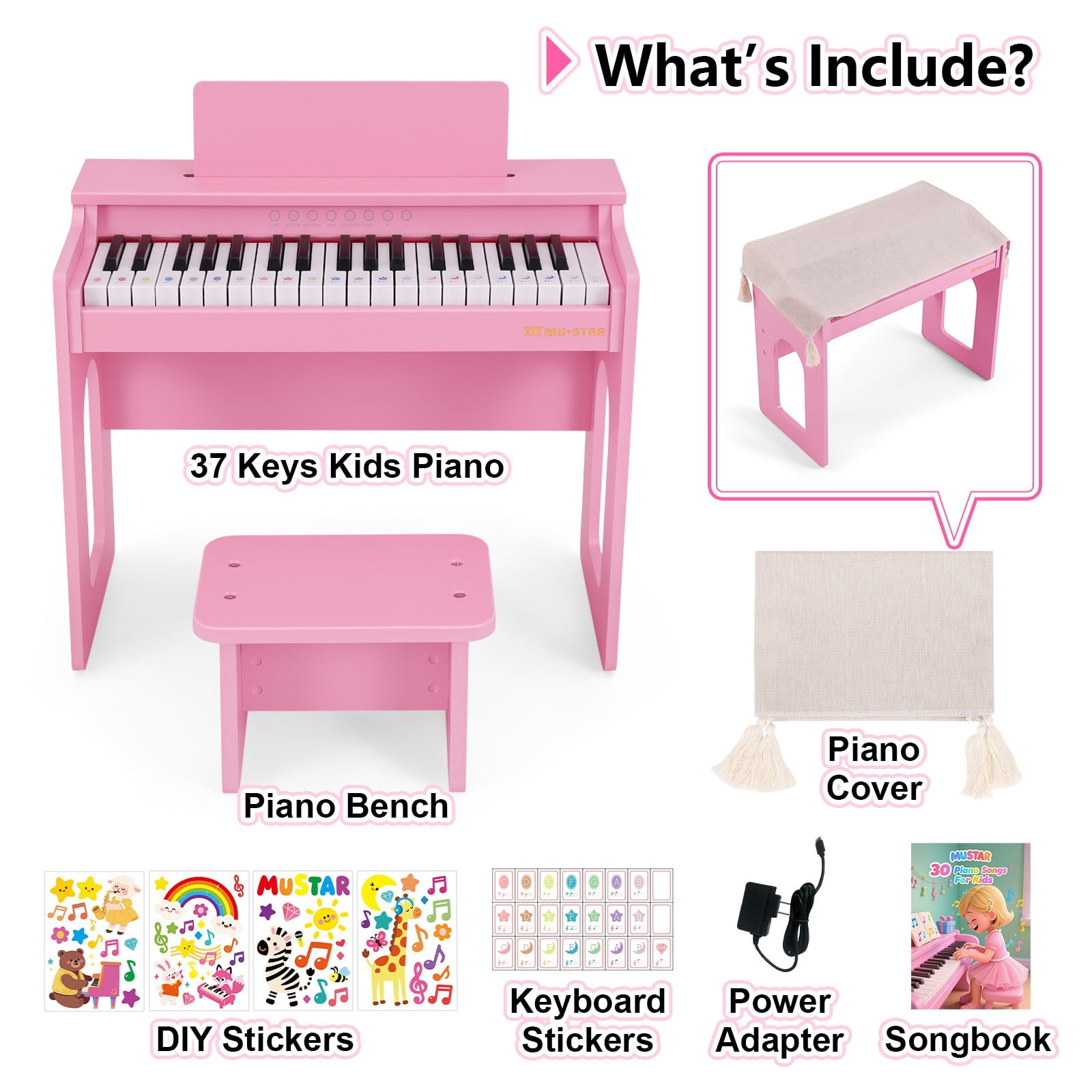 Pink 37Keys Kids Digital Piano Keyboards Wooden Toys Toddler Gifts for Music Education w/Bench,Stickers
