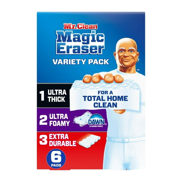 Lot de 2 Mr. Clean Éponge Magique Pack Varié avec Nettoyant Multi-Usage Ultra Épais, Ultra Moussant et Extra Durable, Éponge Magique Multi-Surfaces, 6ct