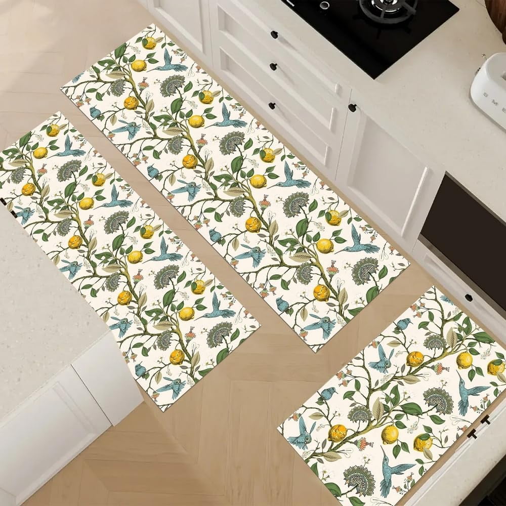 Lemon Tree Floral Hummingbird Kitchen Rugs Sets of 3,Non Slip Rubber Kitchen Mats for Floor Farmhouse Washable Kitchen Area Rugs Floor Carpet Runners for Hallway Laundry Room,Yellow/Green