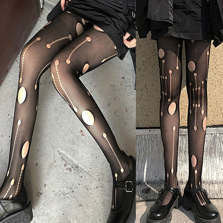 Women Retro Distressed Ripped Hole Black Pantyhose Hollow Out Mesh Fishnet  Silky Tights Stockings Sexy Lingerie Clubwear