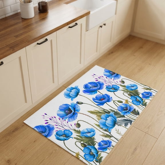 2x3ft Rectangle Rug,Blossoms Poppy Floral Washable Area Rugs Non-Slip Accent Rug Blue and White Soft Circle Carpet for Living Room Bedroom Home Office Decor